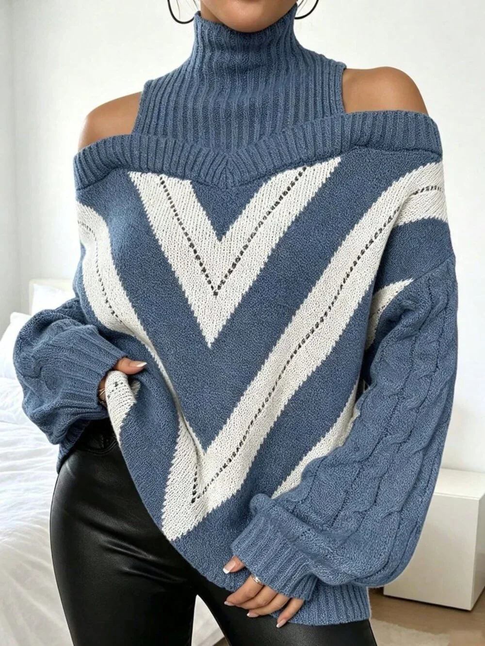 Blue Casual Women's Plus Size Open Shoulder High Collar Cable Knit Sweater